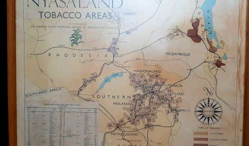 ** 1950-1962 Federation of Rhodesia and Nyasaland Tobacco Areas Large Framed Map (77cm x 71cm).**