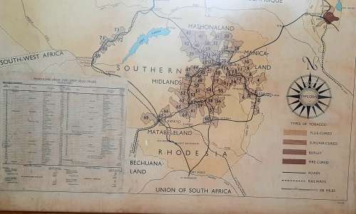 ** 1950-1962 Federation of Rhodesia and Nyasaland Tobacco Areas Large Framed Map (77cm x 71cm).**