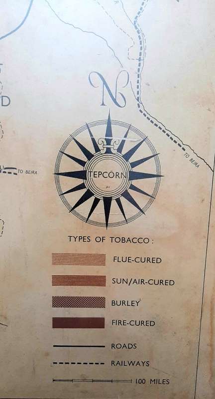 ** 1950-1962 Federation of Rhodesia and Nyasaland Tobacco Areas Large Framed Map (77cm x 71cm).**