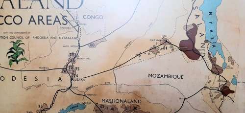 ** 1950-1962 Federation of Rhodesia and Nyasaland Tobacco Areas Large Framed Map (77cm x 71cm).**