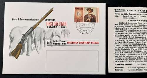 ** 1971 Rhodesia: Frederick Courteney Selous First Day Cover #1 (UNUSED).**