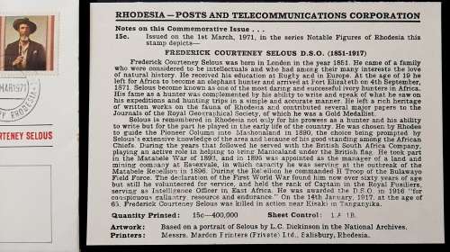 ** 1971 Rhodesia: Frederick Courteney Selous First Day Cover #2  (UNUSED).**