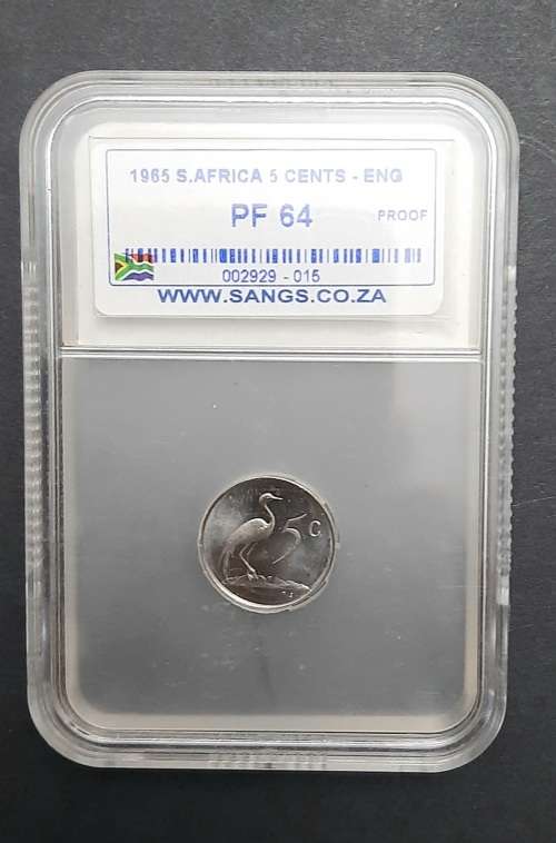 ** SANGS GRADED : Proof A1965 South Africa 5c Coin [ English ] (PF64).**