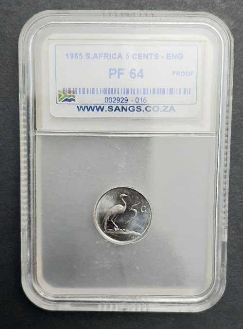 ** SANGS GRADED : Proof A1965 South Africa 5c Coin [ English ] (PF64).**