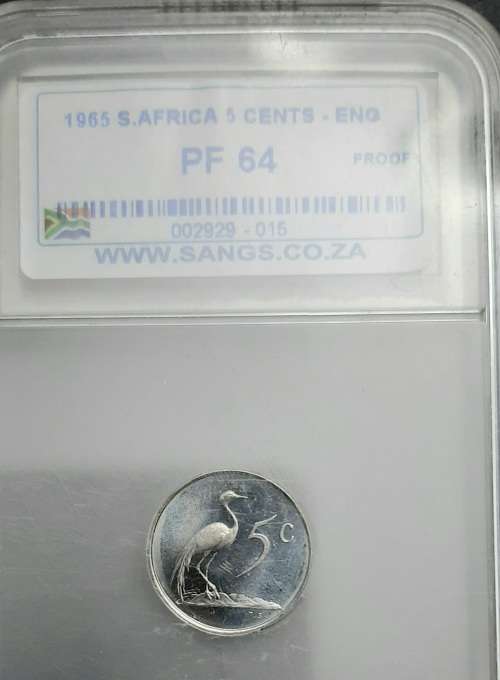 ** SANGS GRADED : Proof A1965 South Africa 5c Coin [ English ] (PF64).**