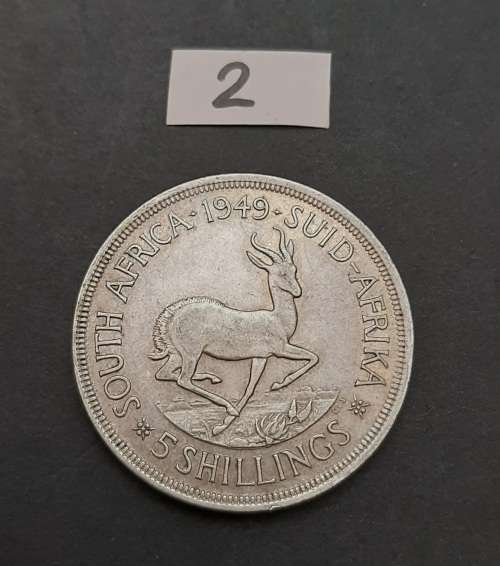 ** 1949 South Africa  .800 Silver 5 Shilling Coin (VF) #2 .**