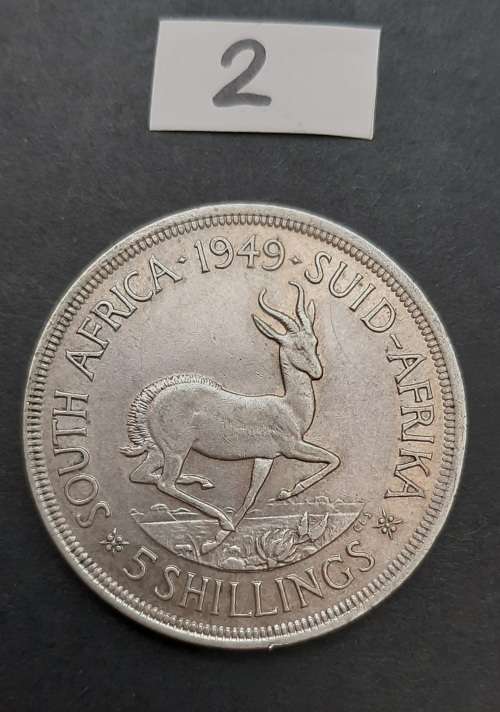 ** 1949 South Africa  .800 Silver 5 Shilling Coin (VF) #2 .**