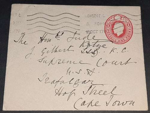 **RARE  : Letter Cover Addressed To Judge Sir John Gilbert Kotzé K.C. (18 October 1917).**