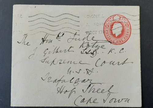 **RARE  : Letter Cover Addressed To Judge Sir John Gilbert Kotzé K.C. (18 October 1917).**