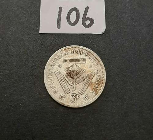 ** 1941  South Africa Silver 3 Pence Coin  #106  (G) .**