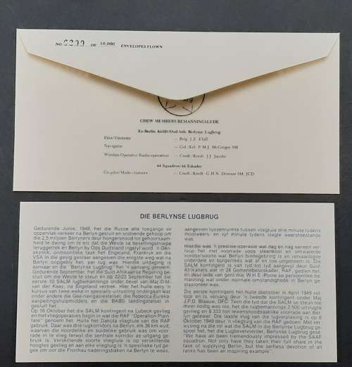 ** 30th Anniversary Berlin Airlift : South African Air Force FDC w/ Insert (6299 of 10 000).**