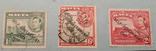 ** 1947  Malta `Self-government` O/P Mounted 1d, 2d and 6d Stamps (USED).**