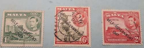 ** 1947  Malta `Self-government` O/P Mounted 1d, 2d and 6d Stamps (USED).**