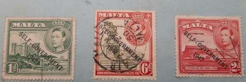 ** 1947  Malta `Self-government` O/P Mounted 1d, 2d and 6d Stamps (USED).**
