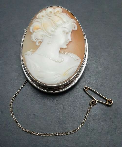 ** EXQUISITE: .800 Silver European Shell Cameo Brooch w/ Clutchback Pin (13.38g).**