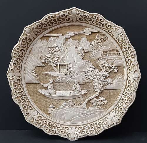 **EXQUISITE: Early 20th Century Chinese White Cinnabar Engraved Charger Plate(25cm x 25cm).**