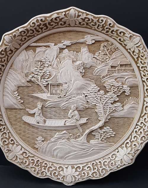 **EXQUISITE: Early 20th Century Chinese White Cinnabar Engraved Charger Plate(25cm x 25cm).**