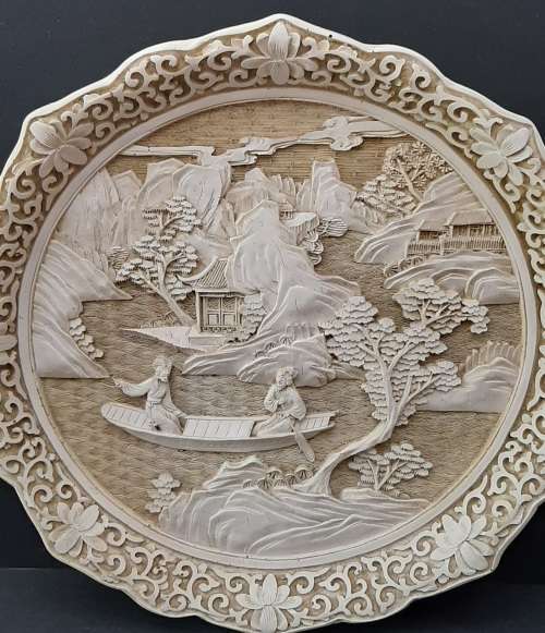 **EXQUISITE: Early 20th Century Chinese White Cinnabar Engraved Charger Plate(25cm x 25cm).**