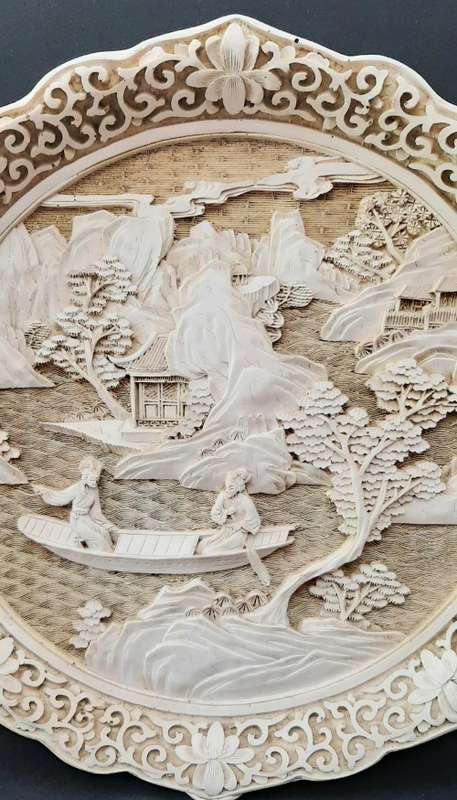 **EXQUISITE: Early 20th Century Chinese White Cinnabar Engraved Charger Plate(25cm x 25cm).**