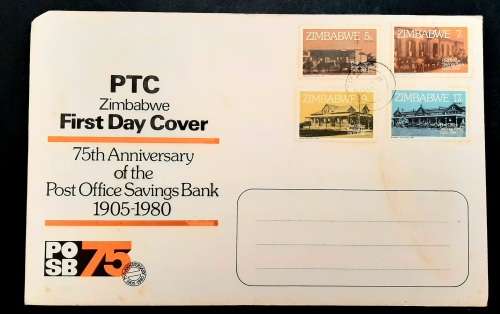** 1980 Zimbabwe 75th Anniversary Post Office Bank FDC w/ Insert Card.**
