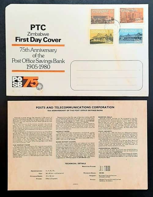 ** 1980 Zimbabwe 75th Anniversary Post Office Bank FDC w/ Insert Card.**