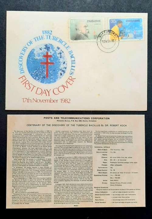 ** 1982 Zimbabwe Discovery of Tubercle FDC w/ Insert Card (UNUSED).**