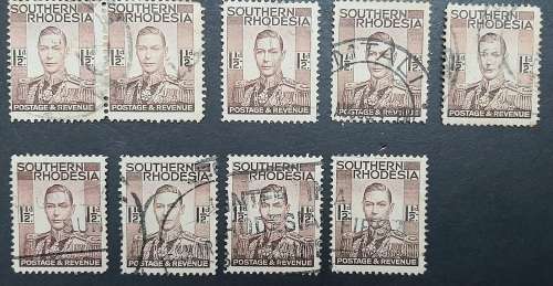 ** 1937 Southern Rhodesia KGVI  1½d Stamps x 9 (USED).**