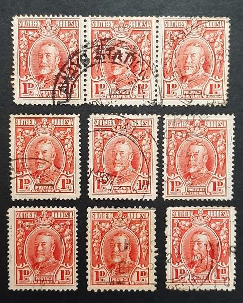 ** 1931 Southern Rhodesia KGV Scarlet 1d Stamps x9  (USED).**