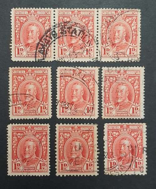 ** 1931 Southern Rhodesia KGV Scarlet 1d Stamps x9  (USED).**