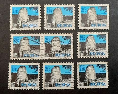 ** 1970 Rhodesia `Zimbabwe Ruins` 2½c Stamps x9 (USED).**