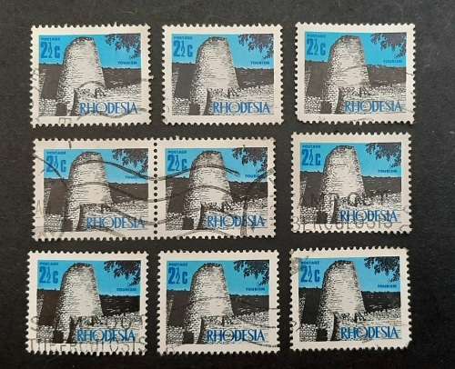 ** 1970 Rhodesia `Zimbabwe Ruins` 2½c Stamps x9 (USED).**