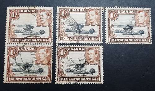 ** 1938 Uganda, Kenya & Tanganyika KGVI 1 Shilling Stamps x5 (USED).**