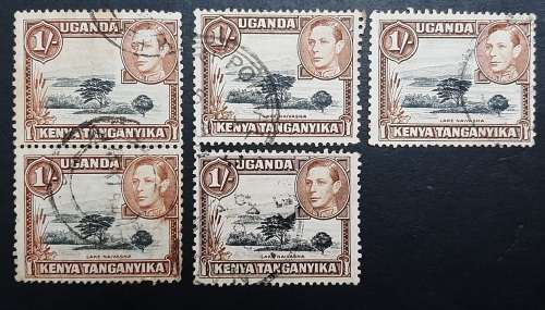 ** 1938 Uganda, Kenya & Tanganyika KGVI 1 Shilling Stamps x5 (USED).**
