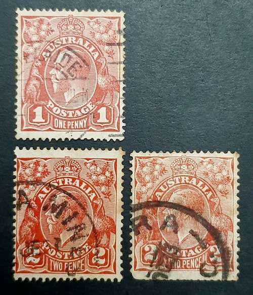 ** 1914 Australia KGV Scarlet 1 Penny & 2d Stamps x3 (USED).**
