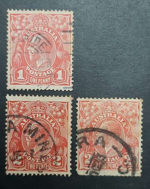 ** 1914 Australia KGV Scarlet 1 Penny & 2d Stamps x3 (USED).**