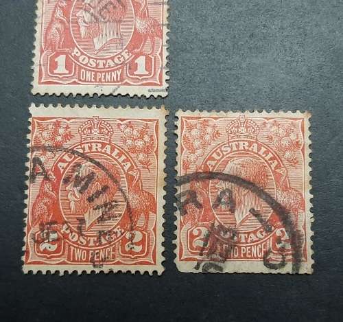 ** 1914 Australia KGV Scarlet 1 Penny & 2d Stamps x3 (USED).**