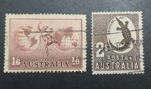 ** 1934 / 1948 Australia 1`6 + 2 Shillings Aboriginal Art Stamps x2 (USED).**