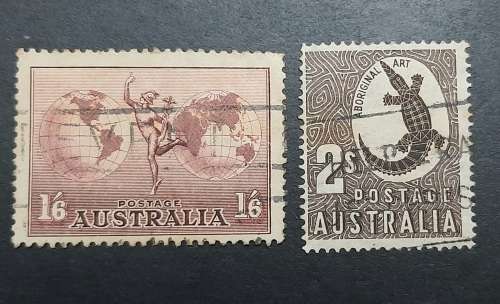 ** 1934 / 1948 Australia 1`6 + 2 Shillings Aboriginal Art Stamps x2 (USED).**