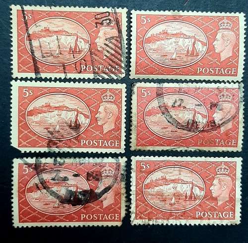 ** 1951 Great Britain KGVI 5 Shilling Stamps x 6 (USED).**