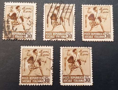 1944 Italian Social Republic Fascist `Drummer Boy` 30c Stamps x5