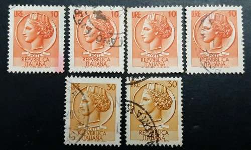 ** 1953 Italy Republic 10 & 30 Lire Postage Stamps x6 (USED).**