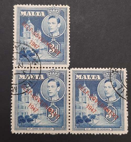 ** 1947 Malta KGVI St. Johns Cathedral 3d Blue Stamps x3 (USED).**