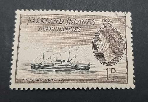 1954 Falklands Islands QEII Trepassey 1d Brown Stamp