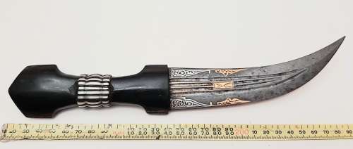**  19th Century Ottoman Empire Jambiya Dagger w/ Gold & Silver Damascene Inlay (29cm).**