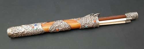 ** 19th Century Chinese Manchu Trousse Knife Set w/ Turquoise & Jasper Stone Inlay (27cm).**