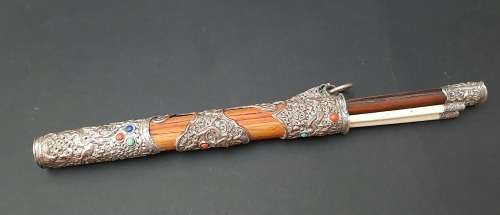 ** 19th Century Chinese Manchu Trousse Knife Set w/ Turquoise & Jasper Stone Inlay (27cm).**