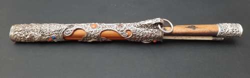 ** 19th Century Chinese Manchu Trousse Knife Set w/ Turquoise & Jasper Stone Inlay (27cm).**