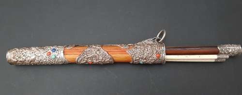 ** 19th Century Chinese Manchu Trousse Knife Set w/ Turquoise & Jasper Stone Inlay (27cm).**