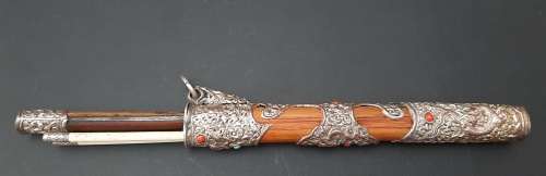 ** 19th Century Chinese Manchu Trousse Knife Set w/ Turquoise & Jasper Stone Inlay (27cm).**