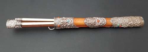 ** 19th Century Chinese Manchu Trousse Knife Set w/ Turquoise & Jasper Stone Inlay (27cm).**